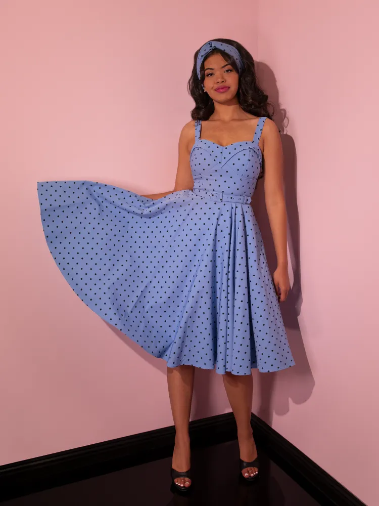 COMING BACK SOON - Maneater Swing Dress in Sunset Blue Polka Dot - Vixen by Micheline Pitt
