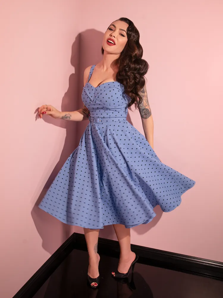 COMING BACK SOON - Maneater Swing Dress in Sunset Blue Polka Dot - Vixen by Micheline Pitt