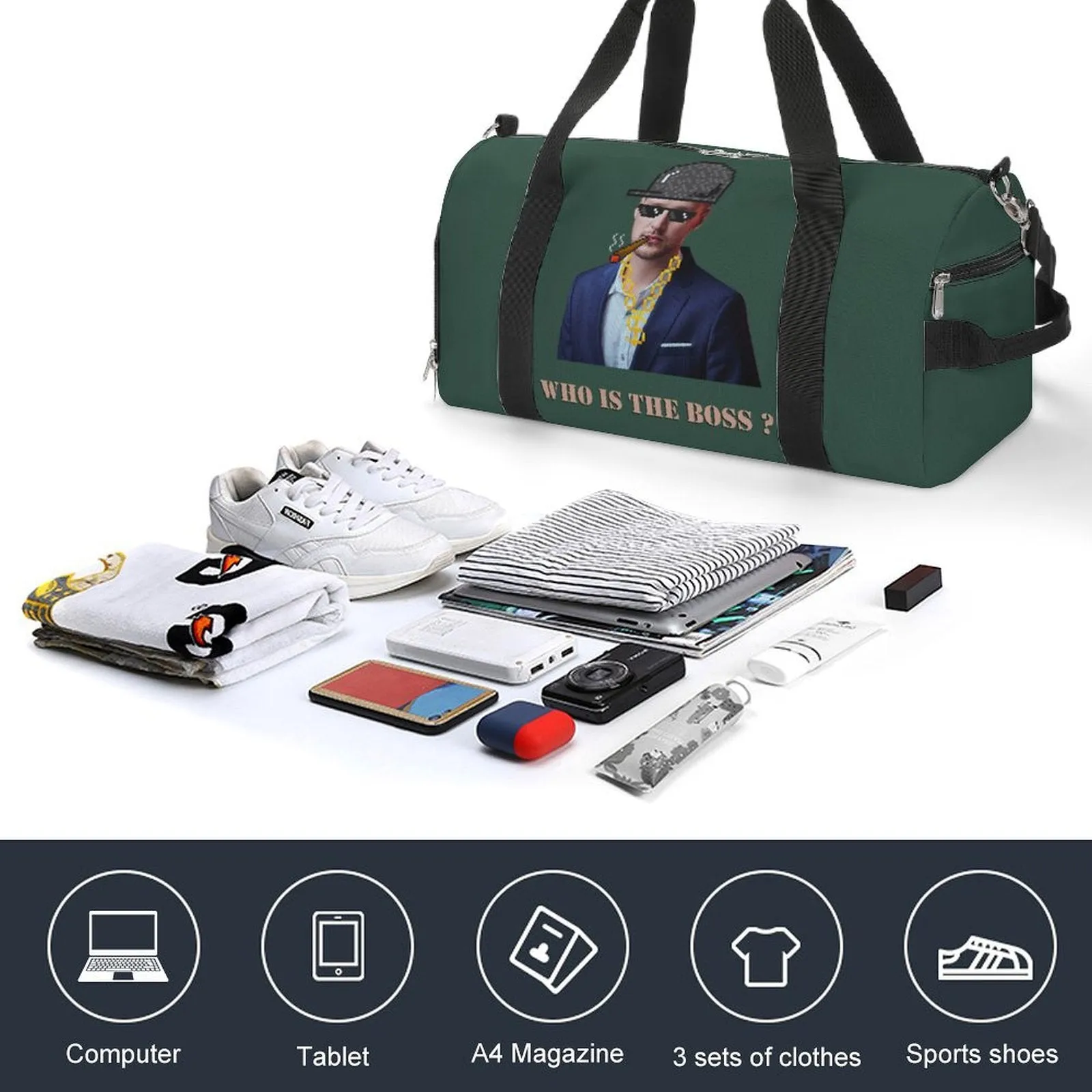 Custom Boss Face Hat Photo Shirt and Personalized Duffel Bag for Company for Team Building for Business