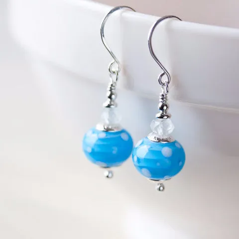 Dreamy Light blue earrings, short polka dot lampwork and aquamarine bead dangle
