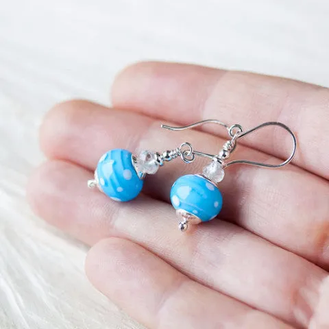 Dreamy Light blue earrings, short polka dot lampwork and aquamarine bead dangle