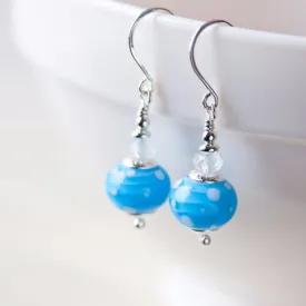 Dreamy Light blue earrings, short polka dot lampwork and aquamarine bead dangle
