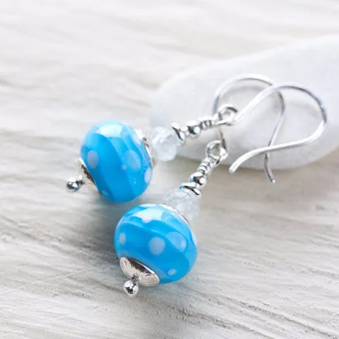 Dreamy Light blue earrings, short polka dot lampwork and aquamarine bead dangle