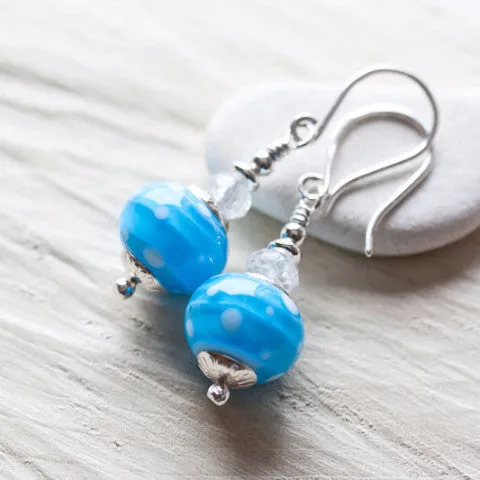 Dreamy Light blue earrings, short polka dot lampwork and aquamarine bead dangle