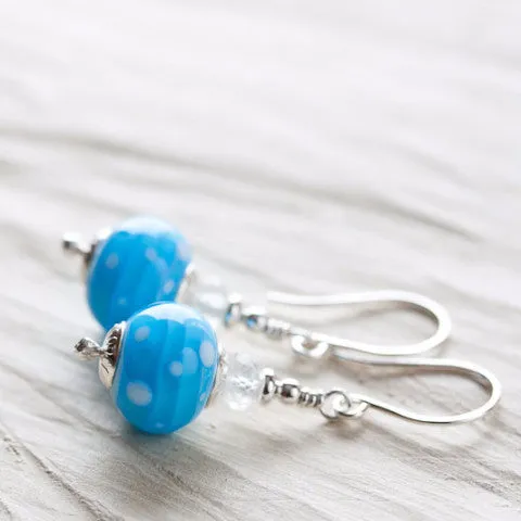 Dreamy Light blue earrings, short polka dot lampwork and aquamarine bead dangle