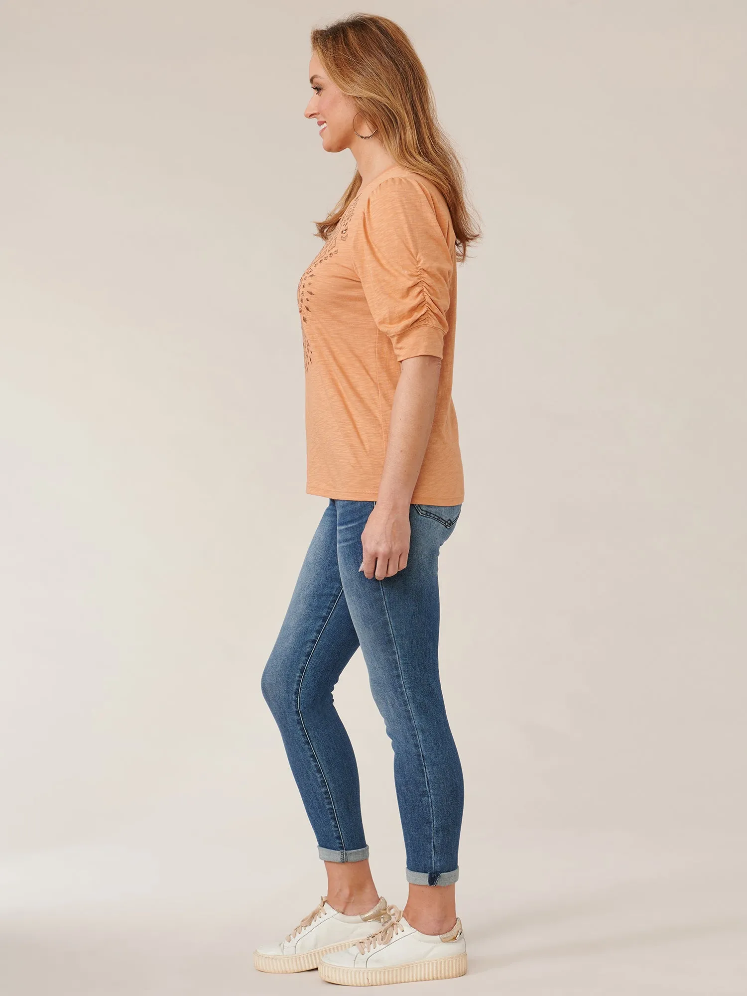Elbow Puff Sleeve Scoopneck Die Cut Embroidered Knit Top