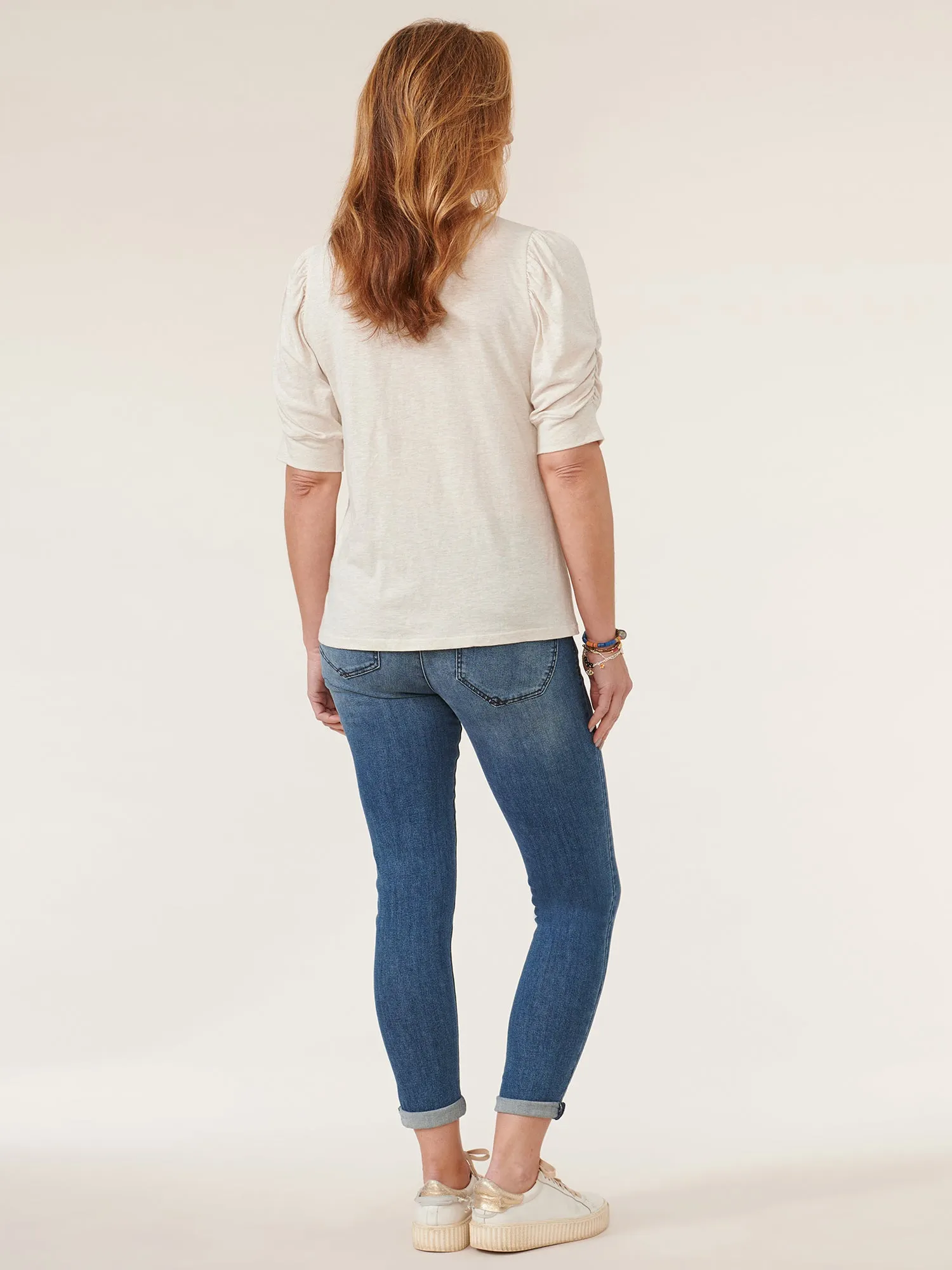 Elbow Puff Sleeve Scoopneck Die Cut Embroidered Knit Top