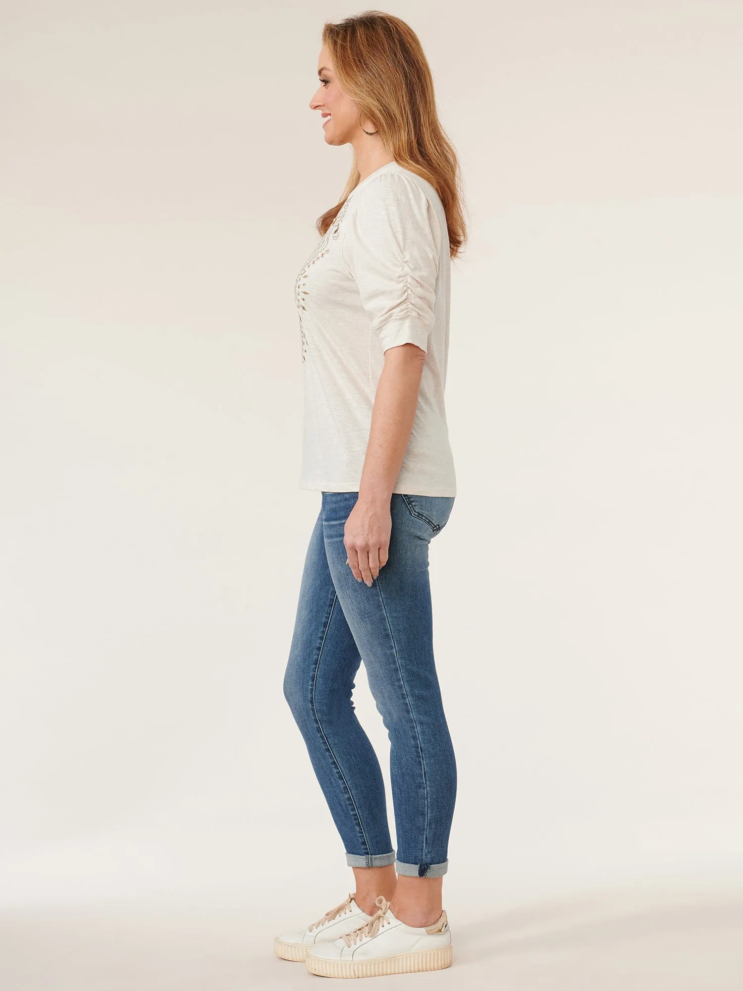 Elbow Puff Sleeve Scoopneck Die Cut Embroidered Knit Top