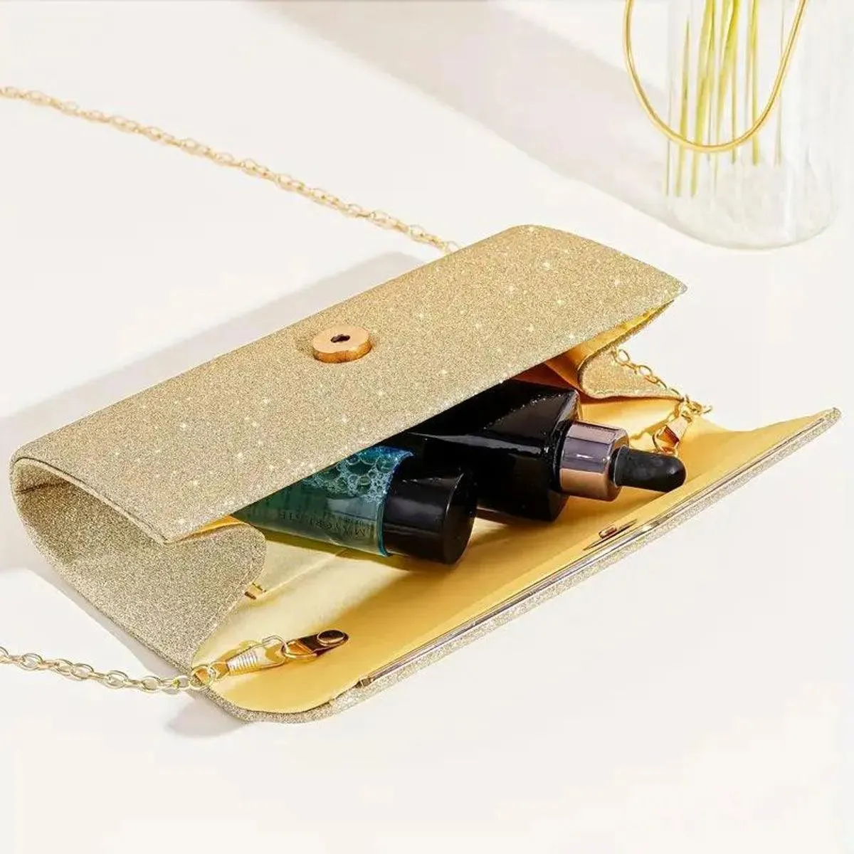 Elevate Your Style with a Glam Gold Sparkle Flap Clutch Bag