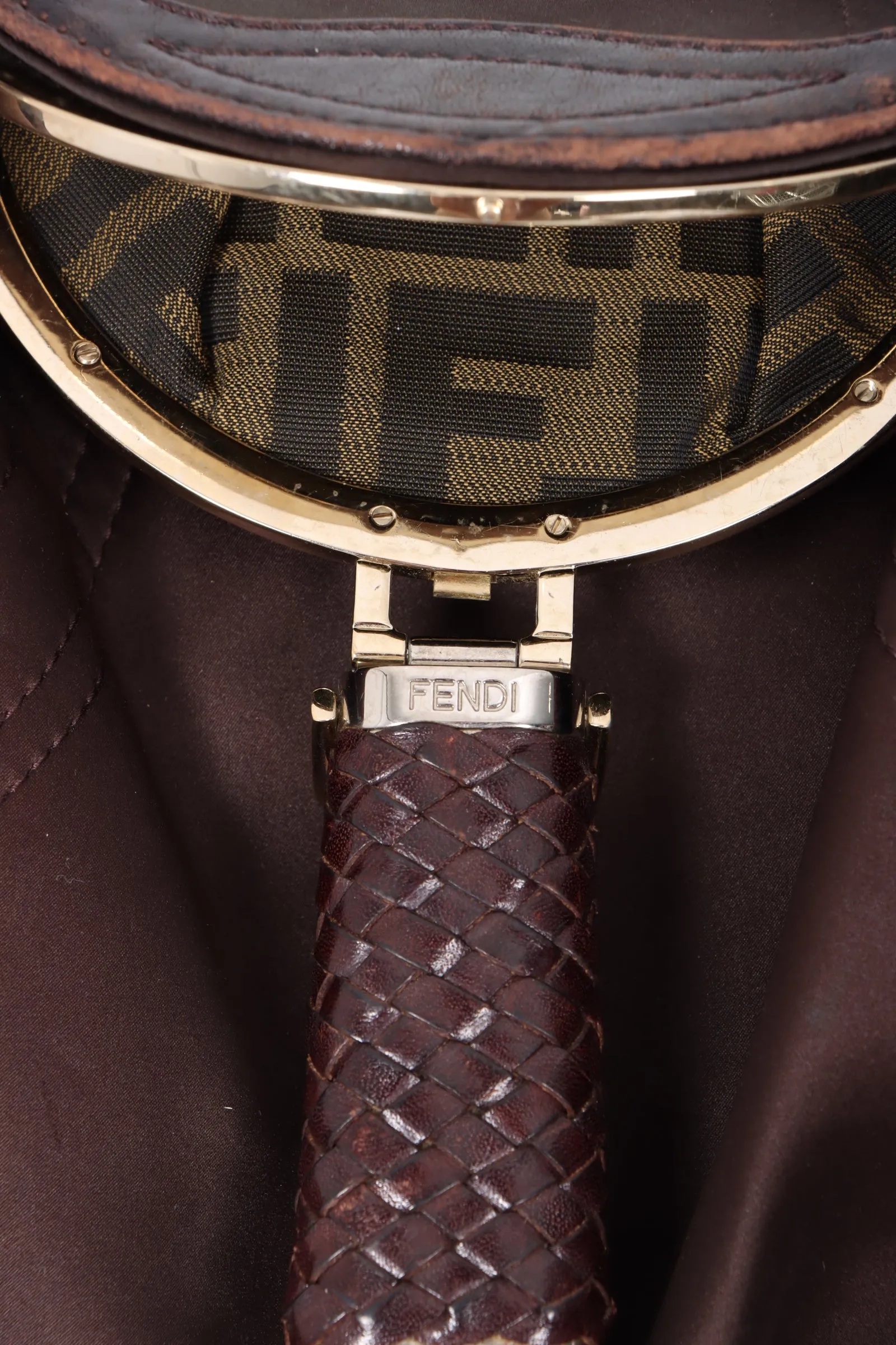 FENDI Spy Elegant Brown Satin and Leather Shoulder Bag