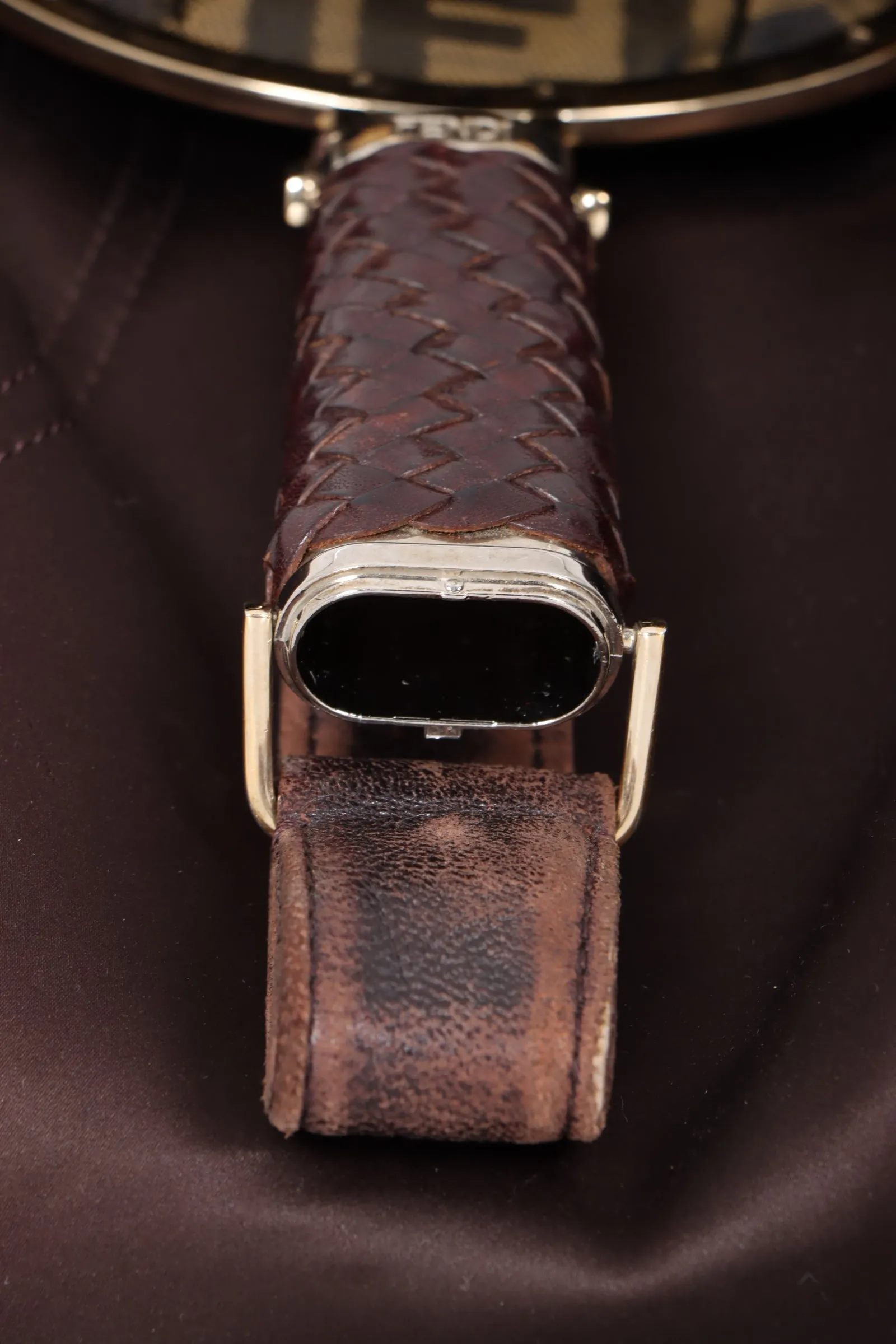 FENDI Spy Elegant Brown Satin and Leather Shoulder Bag