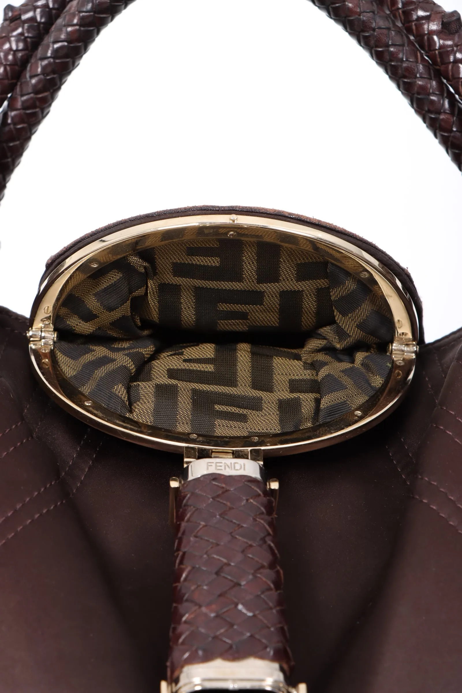 FENDI Spy Elegant Brown Satin and Leather Shoulder Bag