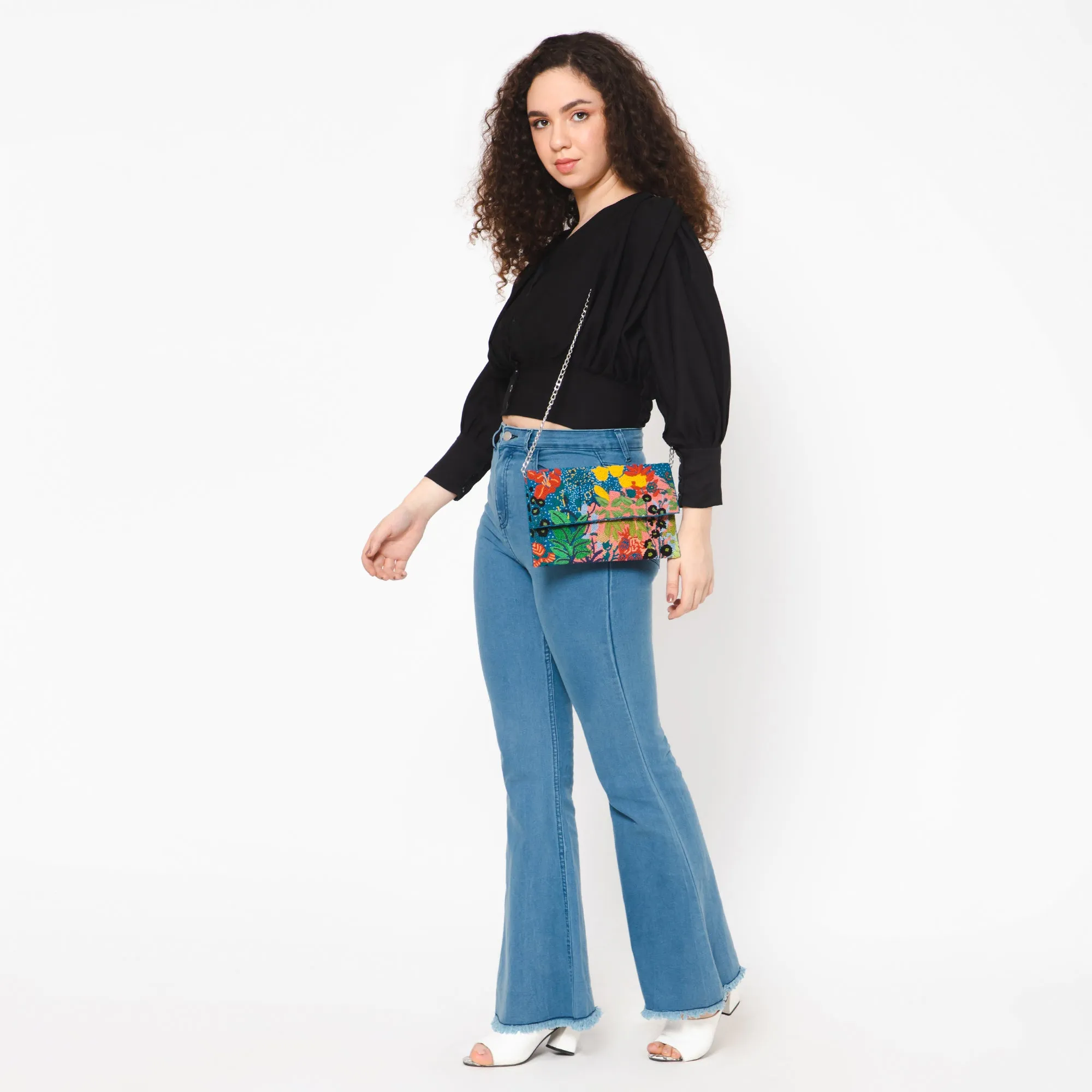 Festive Floral Embroidered Clutch - Blue Multi