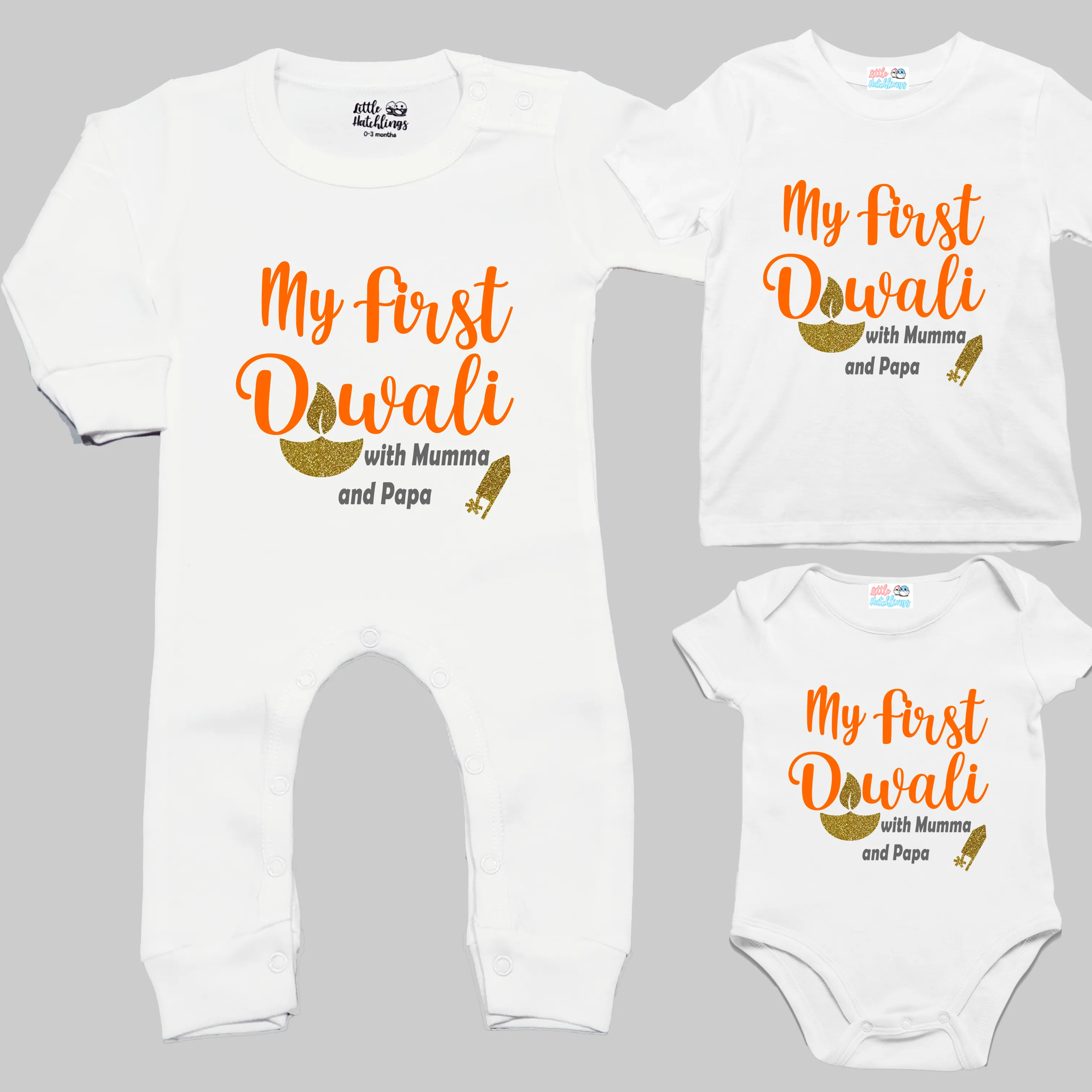 First Diwali With Mumma Papa (Gold Glitter Diya) White Onesie/Full Romper/Tshirt