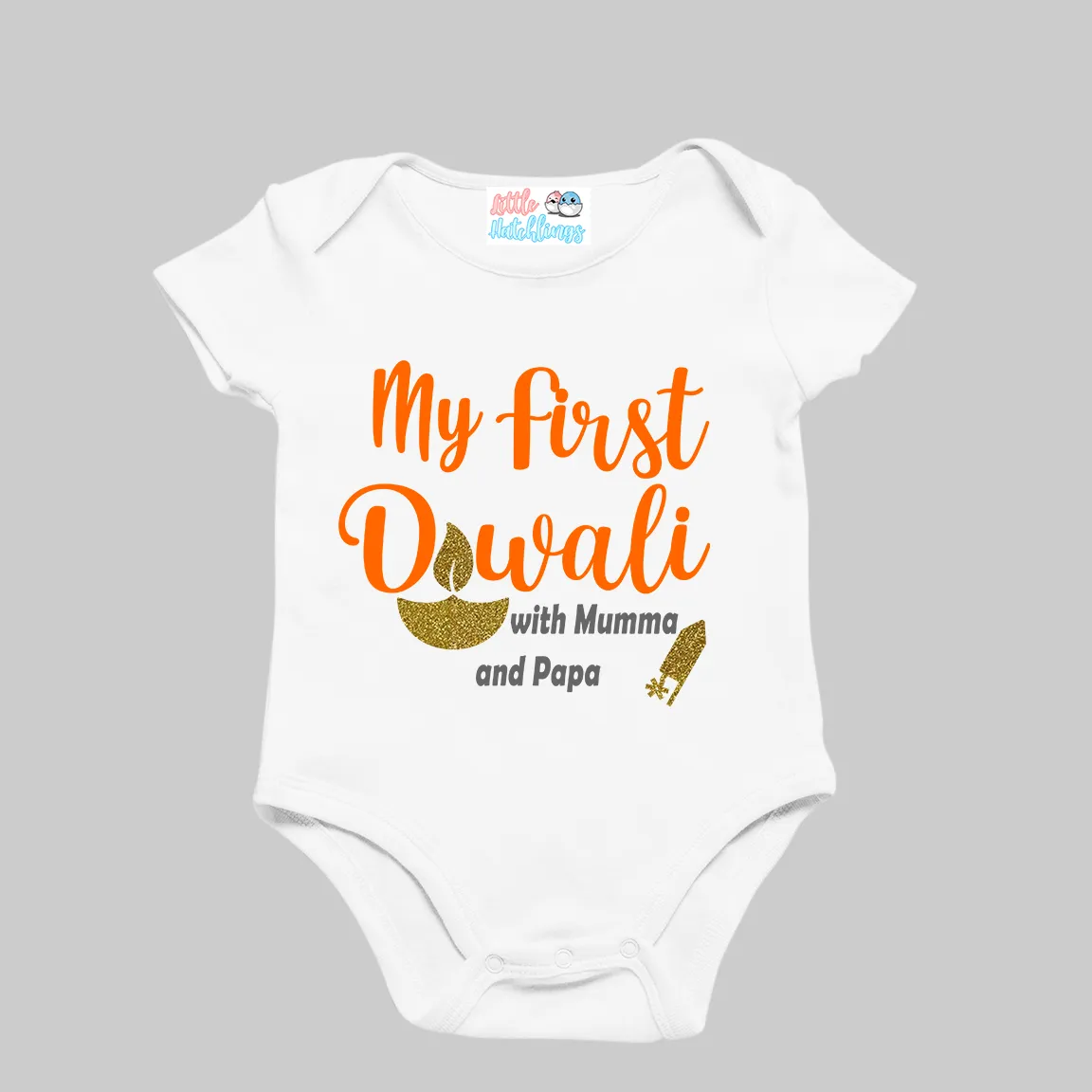 First Diwali With Mumma Papa (Gold Glitter Diya) White Onesie/Full Romper/Tshirt