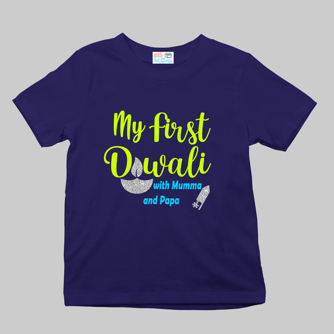 First Diwali with Mummy Papa Navy Blue Onesie / Tshirt (Glitter Diya)