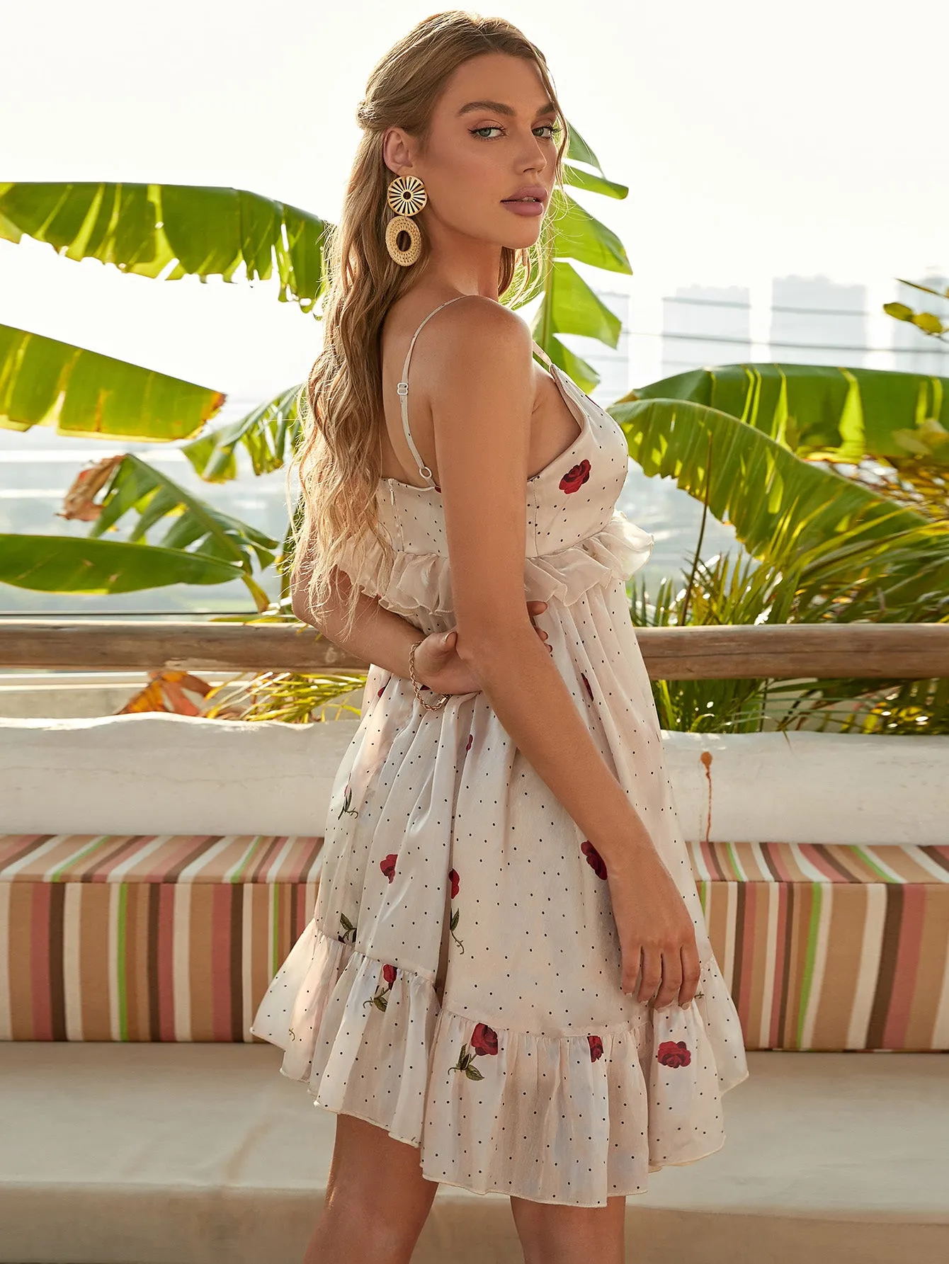 Floral Polka Dot Ruffled Spaghetti Strap Mini Dress
