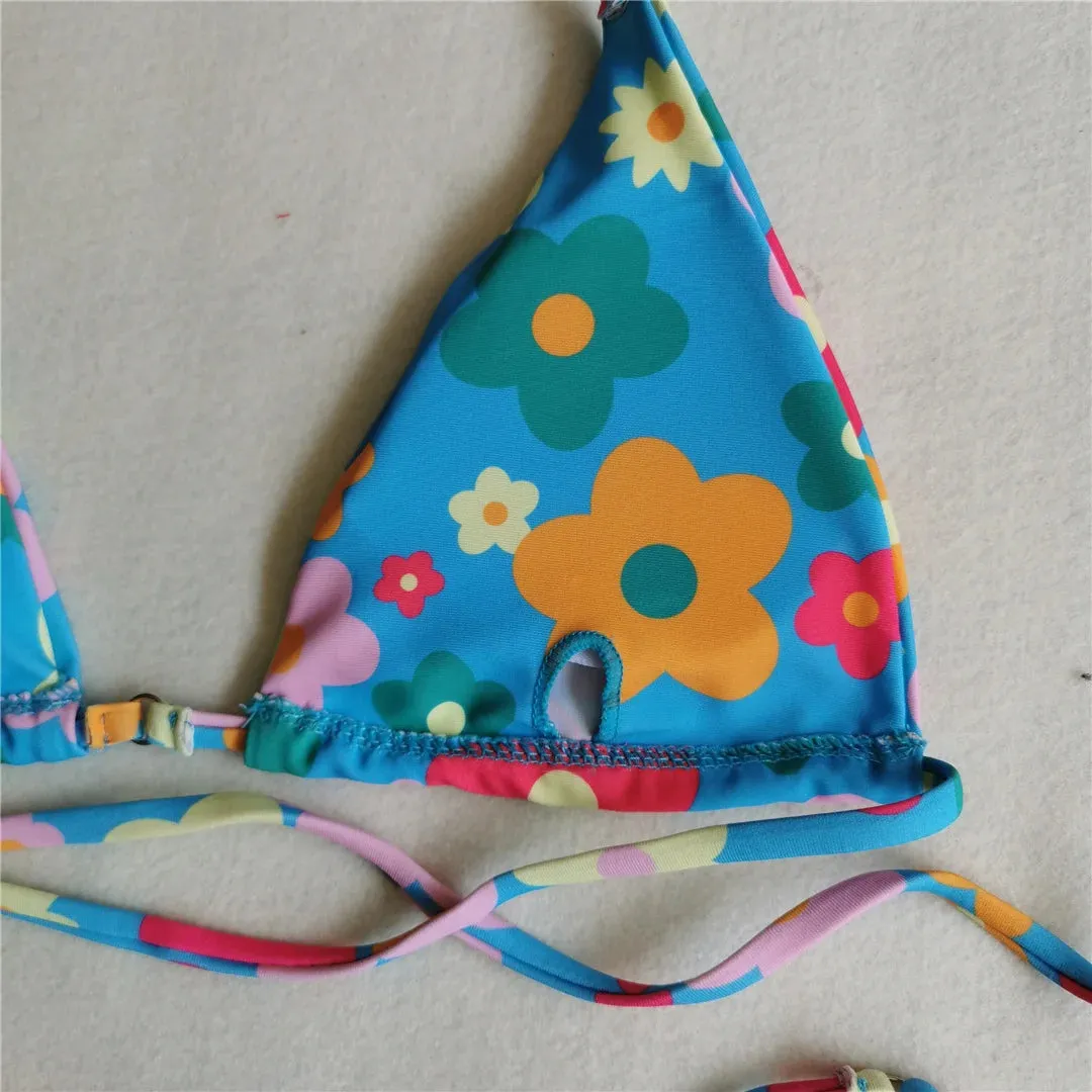 Flower & Polka Dot Wrap Around Bikini Set