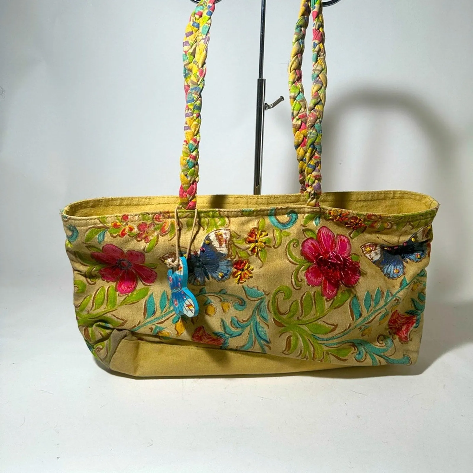 Kate McRostie Butterfly Tan and Pink Floral Tote Bag with Dual Handles