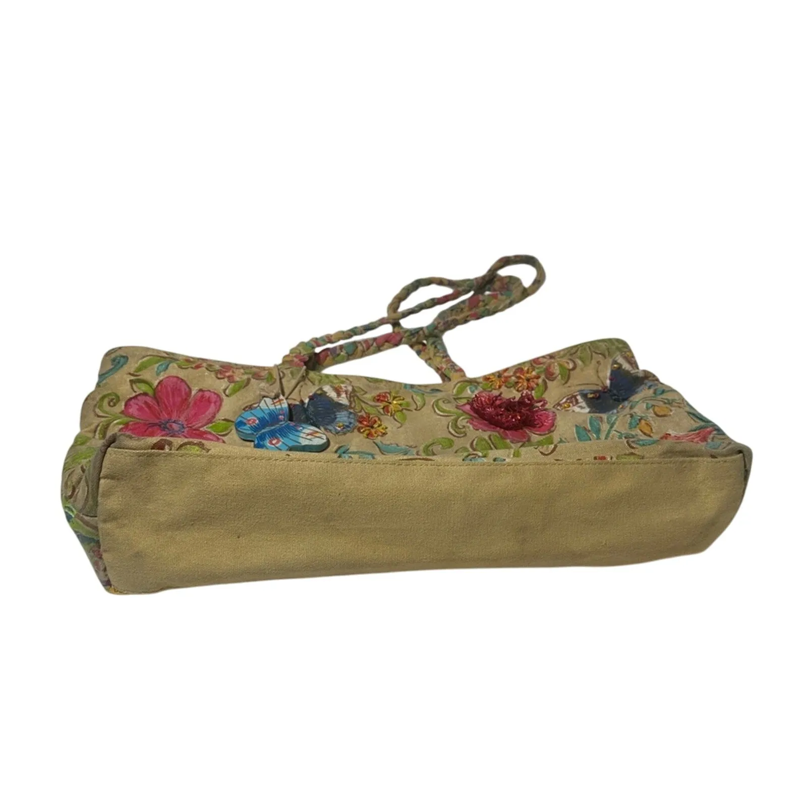 Kate McRostie Butterfly Tan and Pink Floral Tote Bag with Dual Handles
