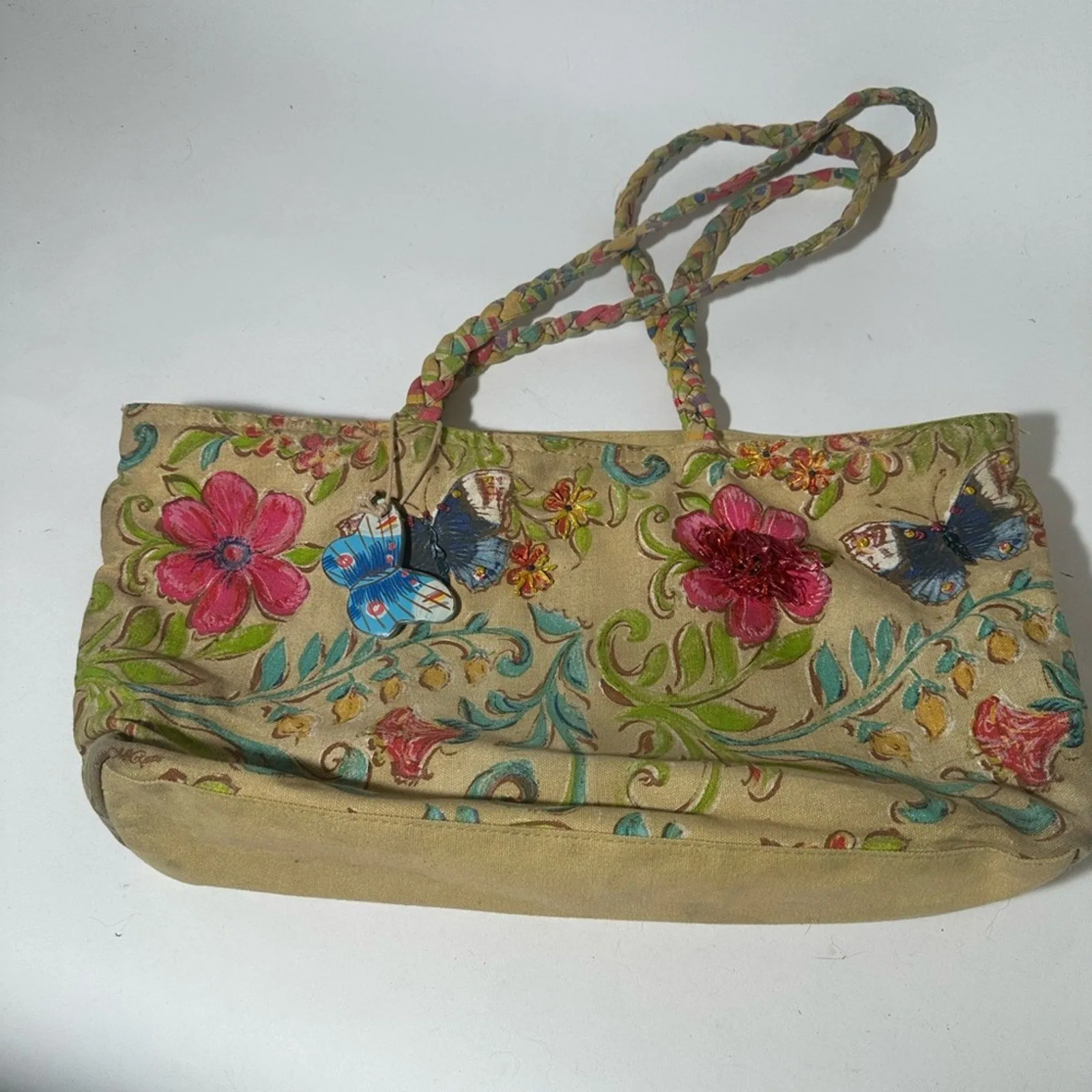 Kate McRostie Butterfly Tan and Pink Floral Tote Bag with Dual Handles