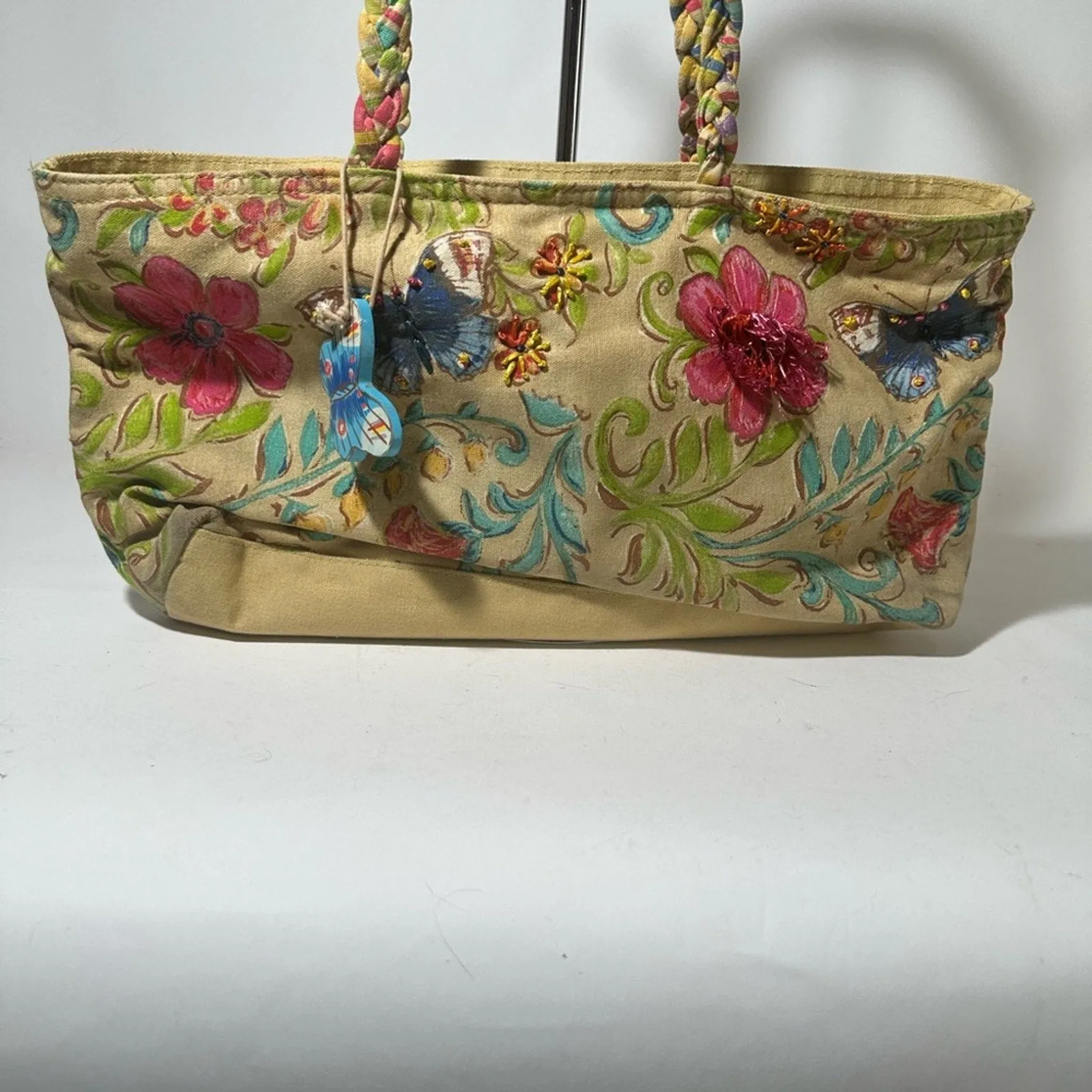 Kate McRostie Butterfly Tan and Pink Floral Tote Bag with Dual Handles