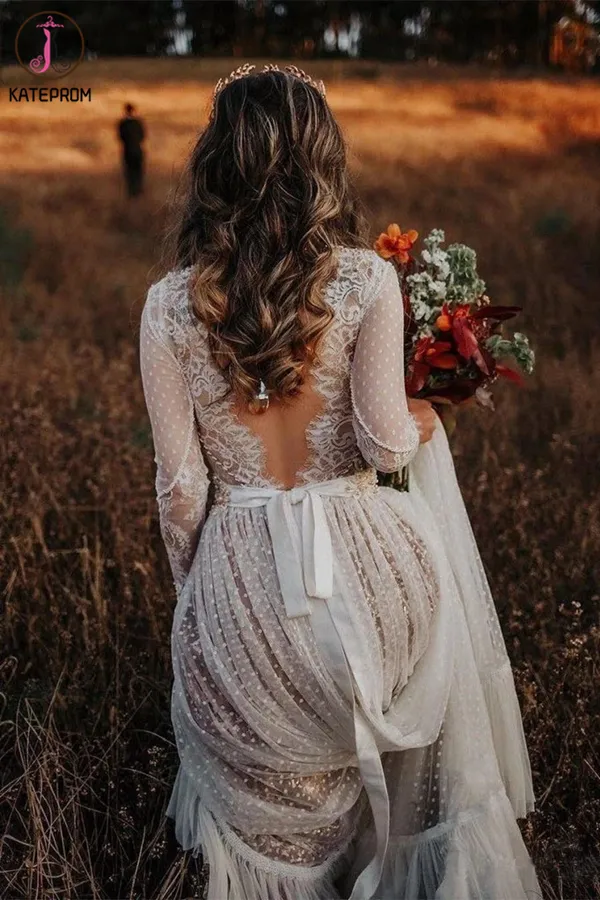 Kateprom Polka Dot Long Sleeve Boho Wedding Dresses Lace Bohemian Backless Wedding Gown KPW0609