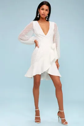 Keepsake White Polka Dot L/S Wrap Dress