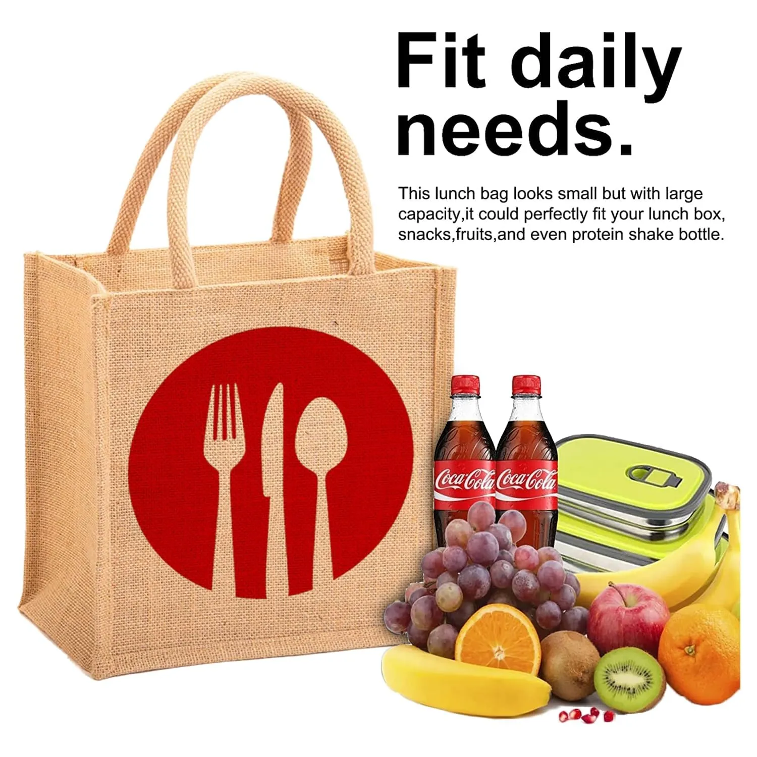 Kuber Industries Grocery Bag | Jute Carry Bag | Reusable Shopping Bag | Lunch Handbag | Zipper Grocery Bag with Handle | Red Spoon Fork-Print Grocery Bag | Brown