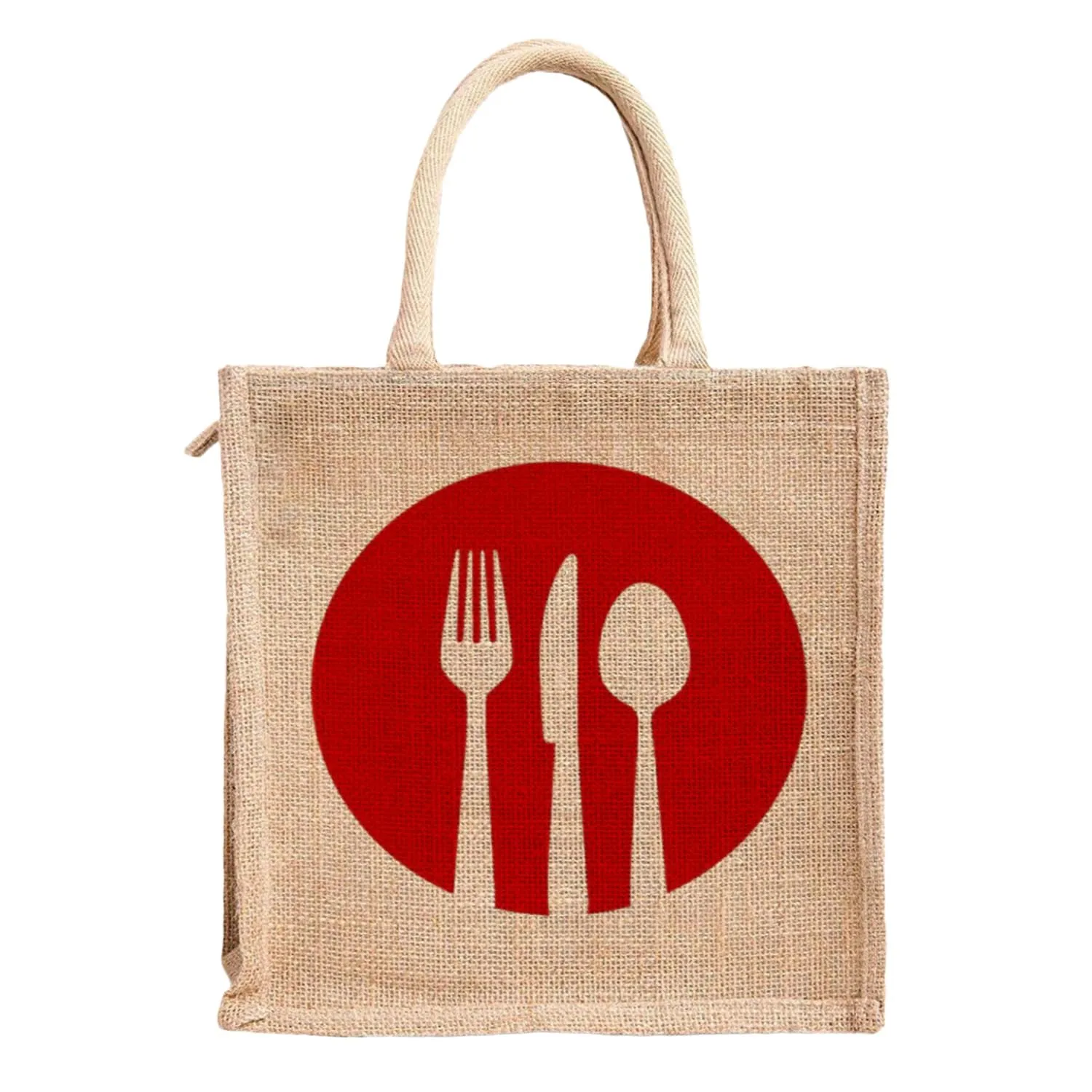 Kuber Industries Grocery Bag | Jute Carry Bag | Reusable Shopping Bag | Lunch Handbag | Zipper Grocery Bag with Handle | Red Spoon Fork-Print Grocery Bag | Brown