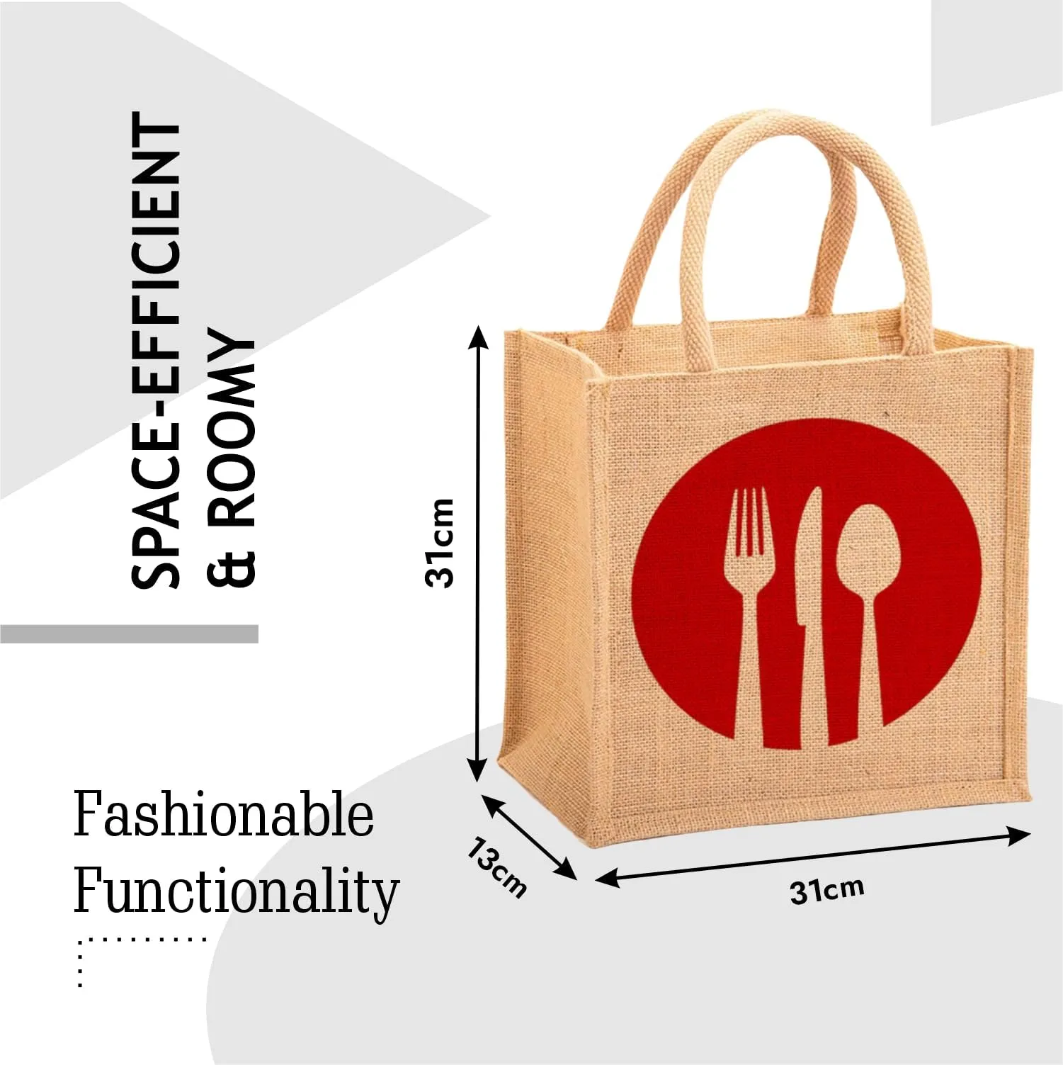 Kuber Industries Grocery Bag | Jute Carry Bag | Reusable Shopping Bag | Lunch Handbag | Zipper Grocery Bag with Handle | Red Spoon Fork-Print Grocery Bag | Brown