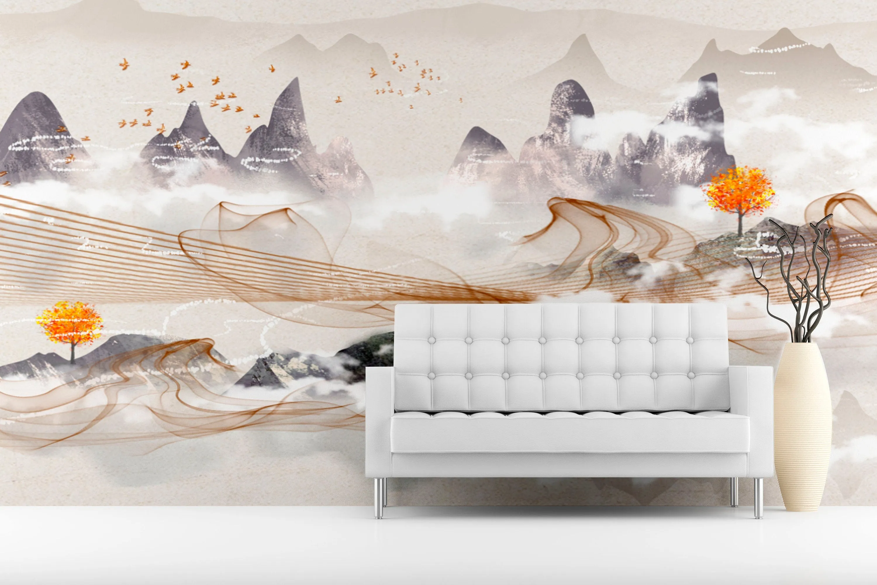 Large mountains self adhesive wallpaper, abstract nature peel and stick wall mural, removable rocks wallcovering, temporary accentual mural