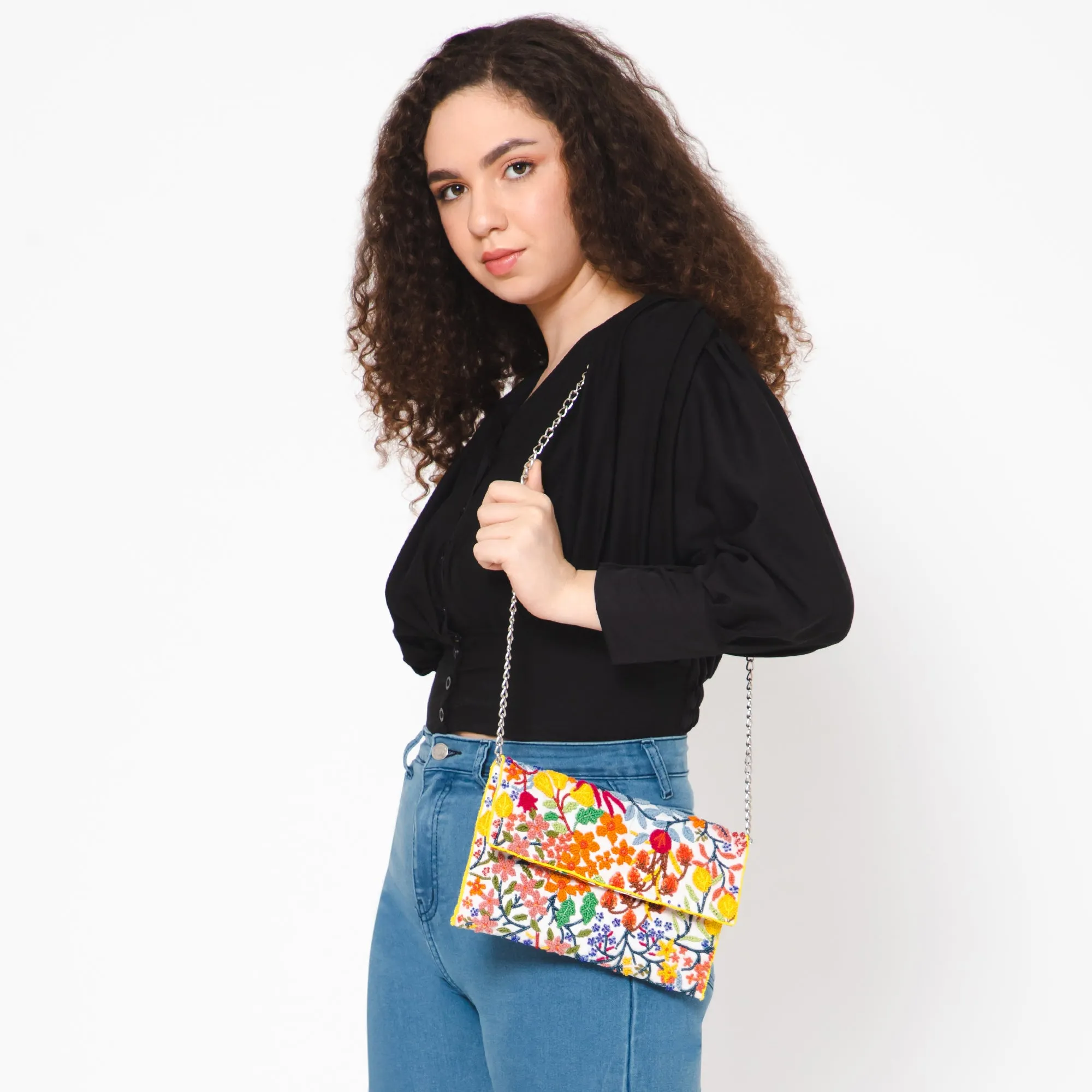 Liberty Floral Embroidered Clutch - Pearl