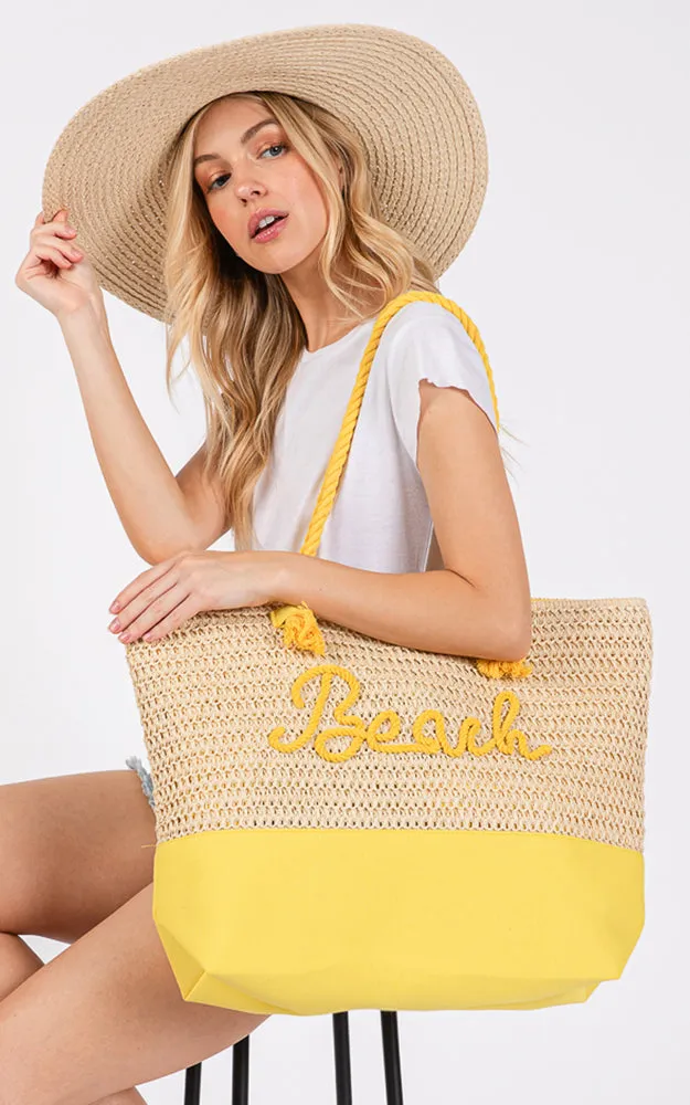 MB0266 COLOR SEWN ROPE BEACH LETTER & STRAP CROCHET TOTE BAG