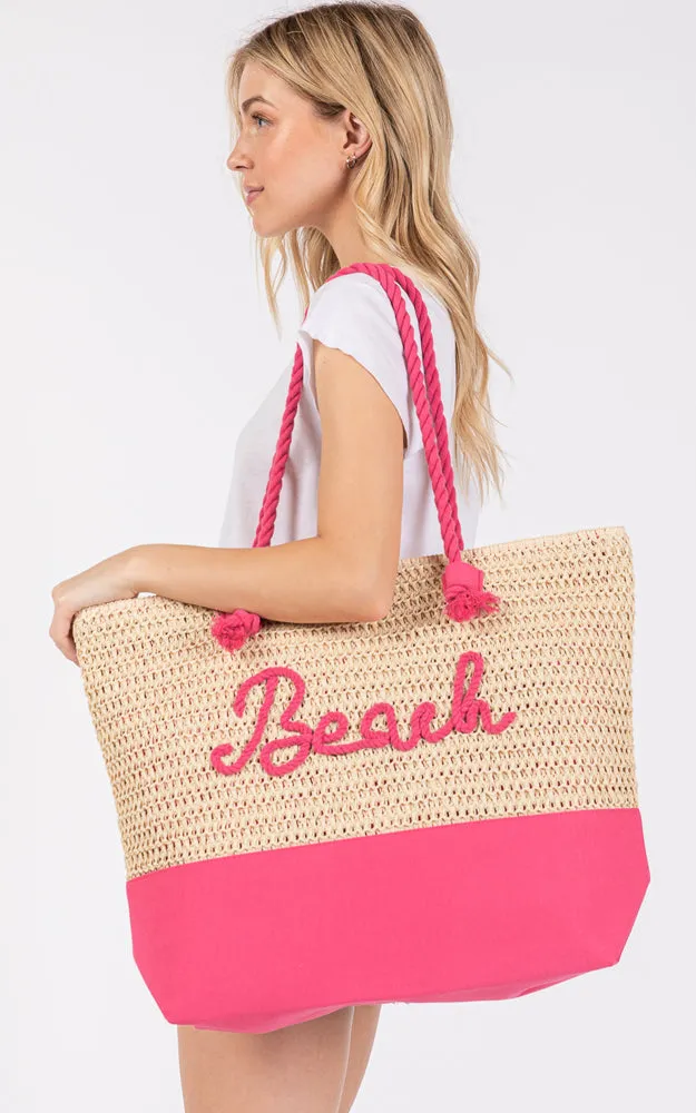 MB0266 COLOR SEWN ROPE BEACH LETTER & STRAP CROCHET TOTE BAG