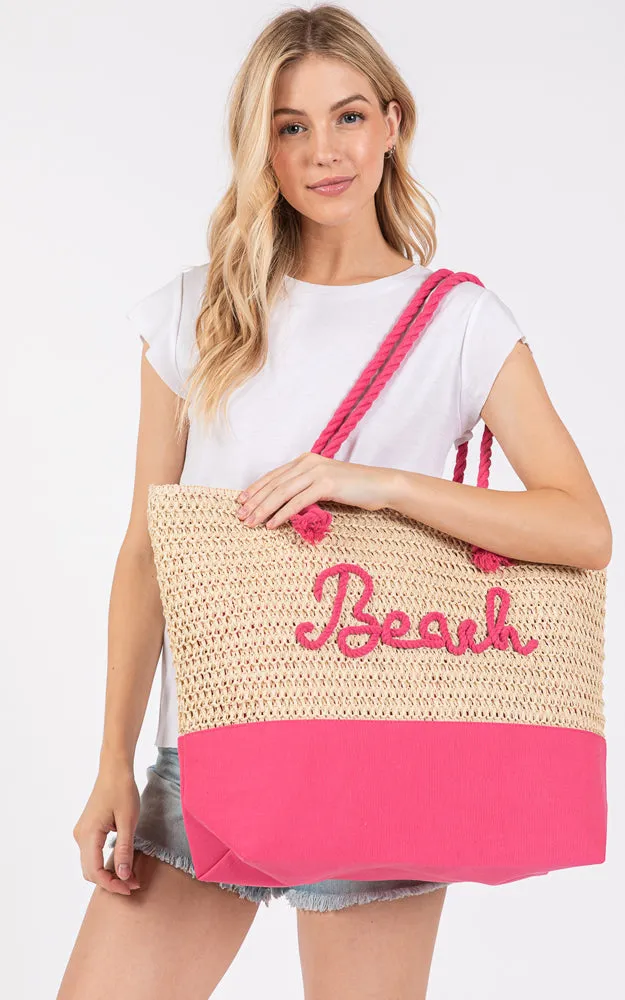 MB0266 COLOR SEWN ROPE BEACH LETTER & STRAP CROCHET TOTE BAG
