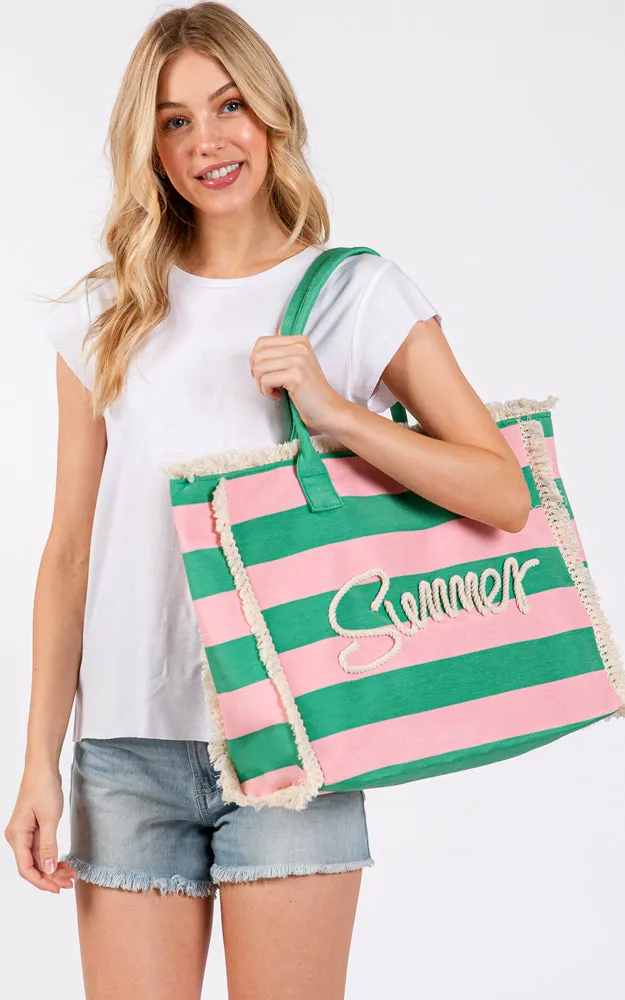MB0267 COLOR SEWN ROPE SUMMER LETTER & STRAP CROCHET TOTE BAG