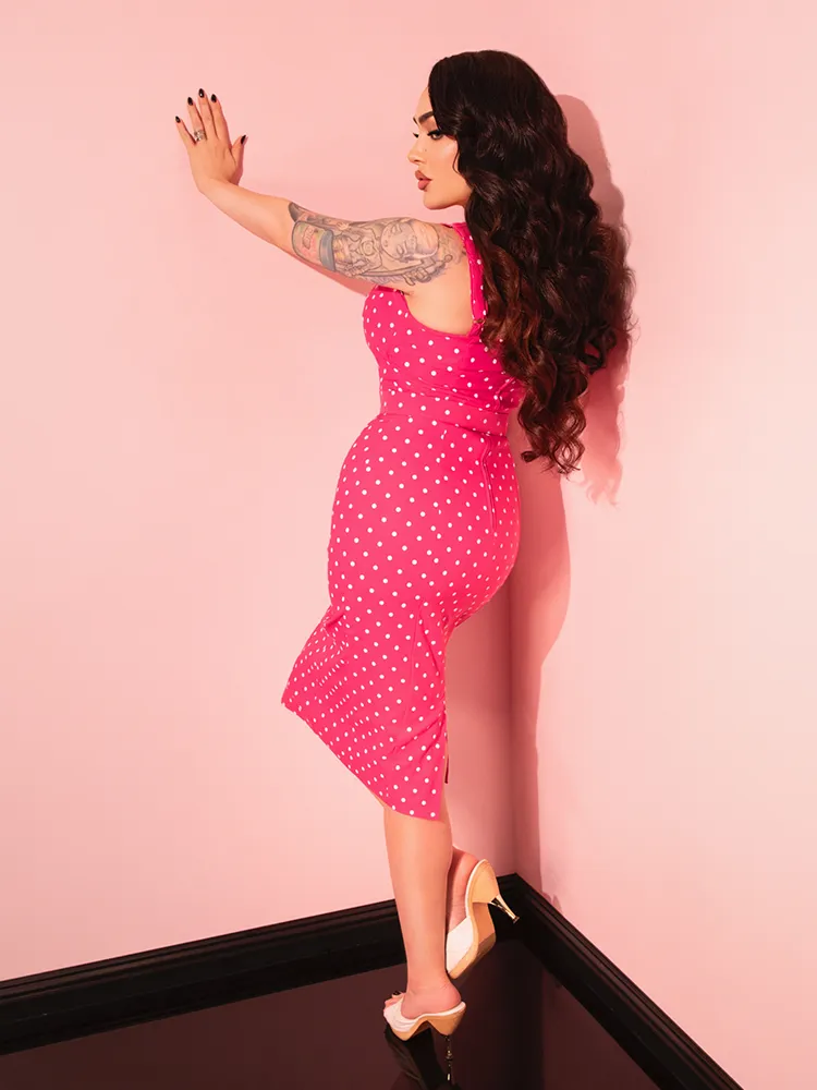 PRE-ORDER - Maneater Wiggle Dress in Hot Pink & White Polka Dot - Vixen by Micheline Pitt