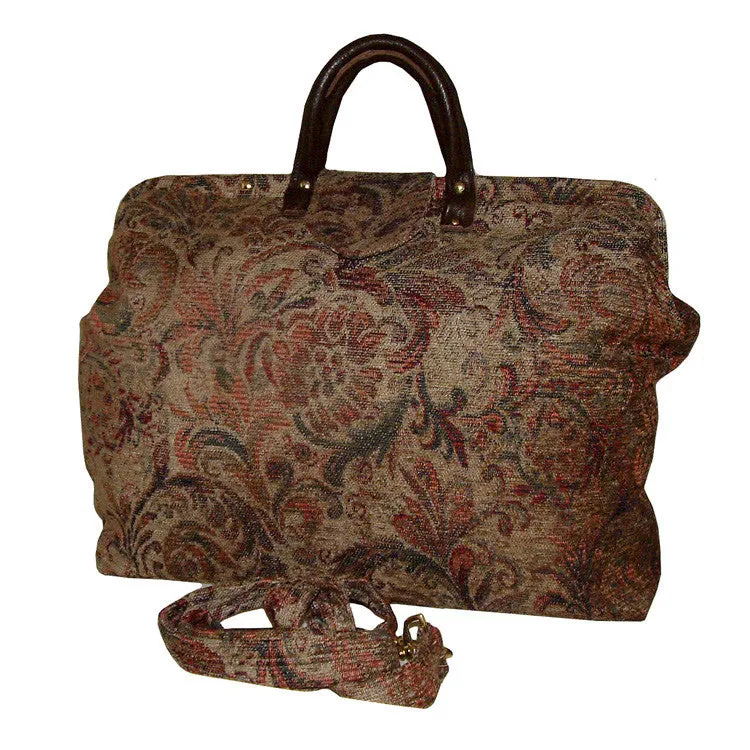 RED & GREEN SWIRLING FLORAL CHENILLE CARPET BAG