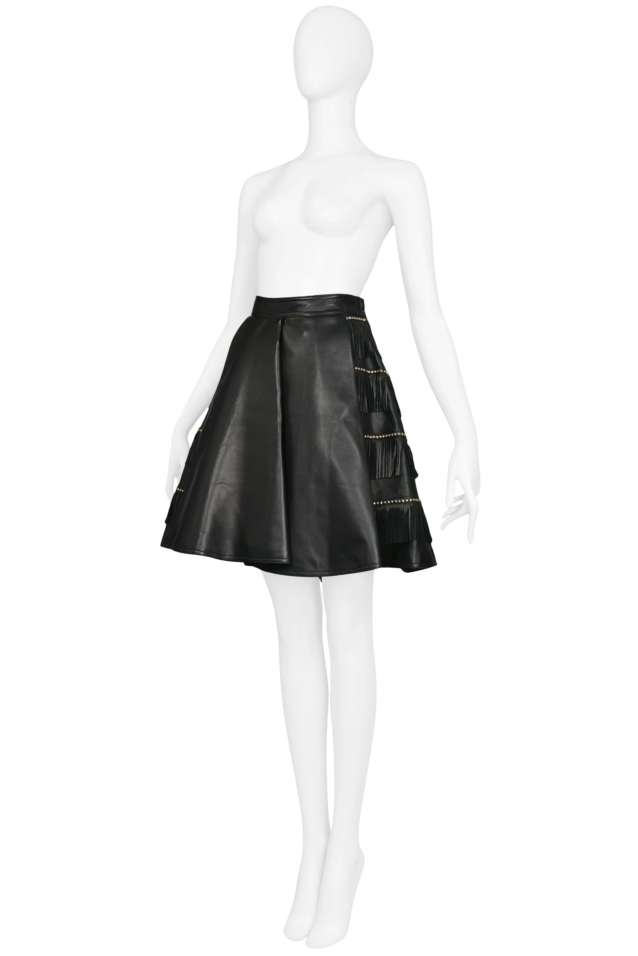 VERSACE BLACK LEATHER FRINGE AND GOLD STUD SKIRT 1992