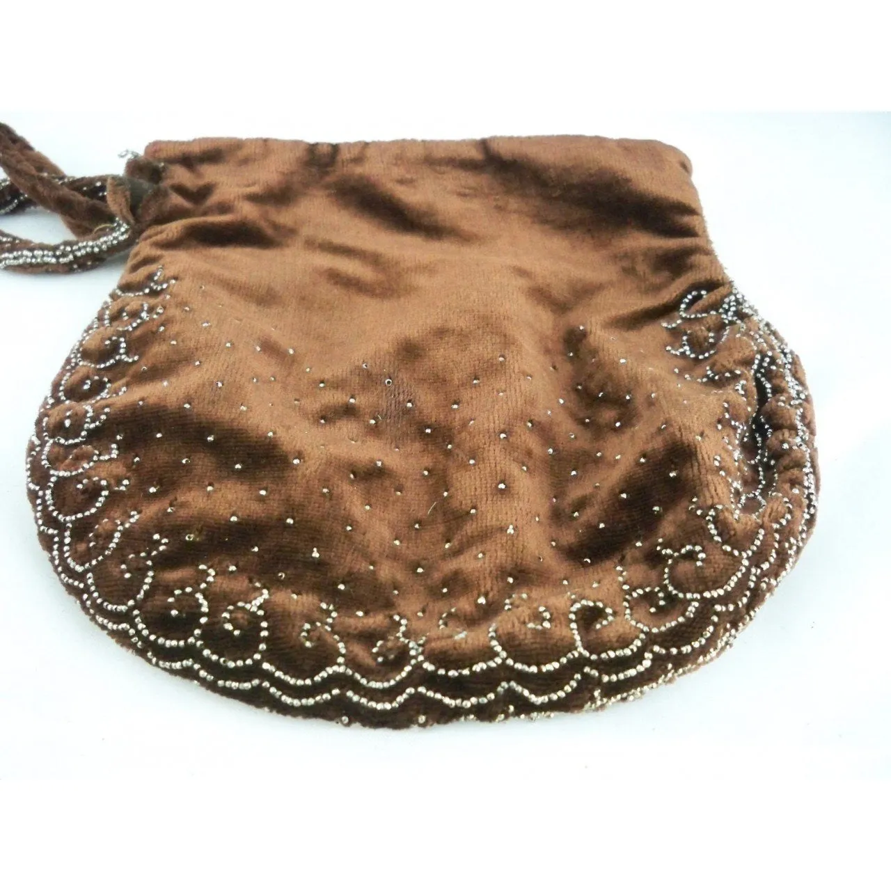 Vintage Chocolate Brown SIlk Velvet Purse Cut Steel Beads France 1920s